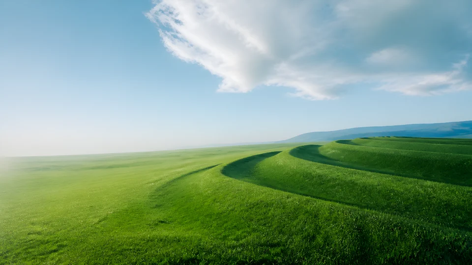 Three interlocking emerald terraces turn remembered optimism into an impossible, quietly cinematic grassland.