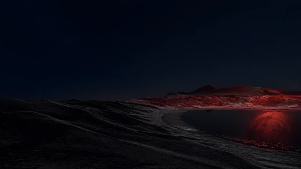 A vermilion moon appears only as reflection inside a black salt mirror beneath an immense nocturnal field.