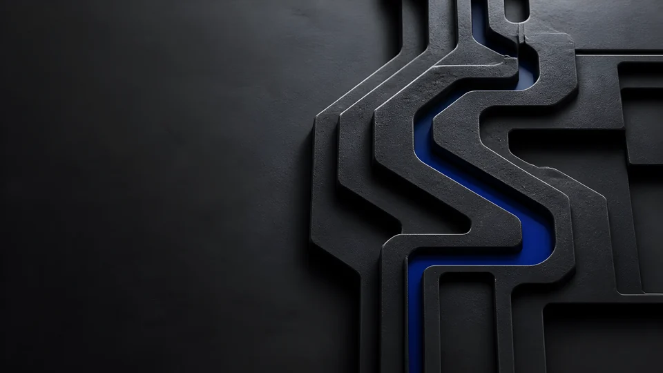 Stepped switchbacks are machined into matte graphite ceramic around one restrained cobalt channel.