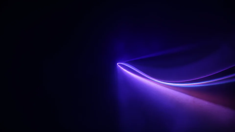 A physical sheet of violet light folds once through atmospheric mist and separates into cold spectral fringes.