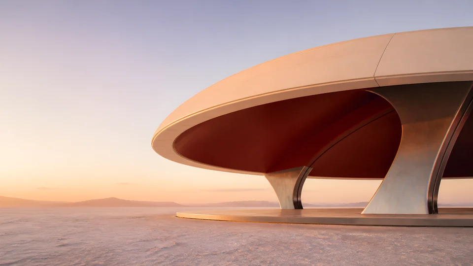 An ivory transit canopy lifts a vermilion inner plane above a salt desert waking into apricot light.