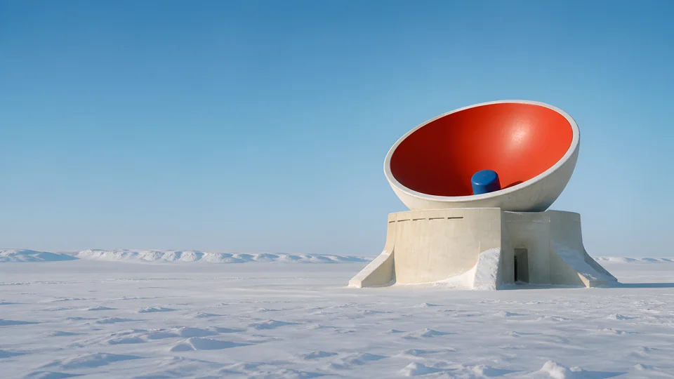 A vermilion receiver rises from an ivory polar station, holding one impossible color against the snow.