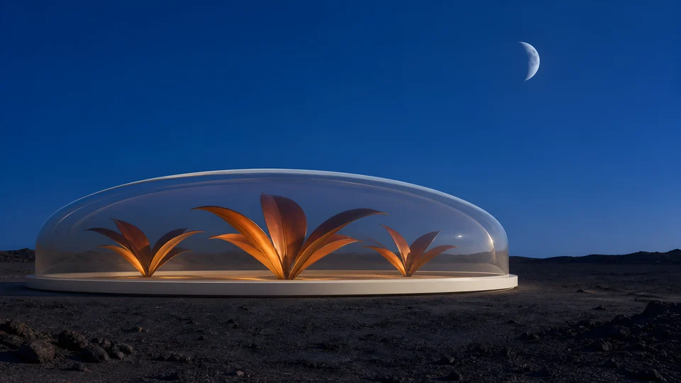 Three copper-leaf forms gather beneath a smoke-gray vault on a cobalt volcanic night.