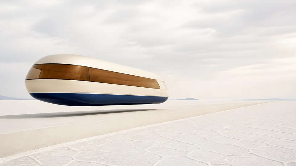An ivory civic ferry glides above a dry ceramic causeway across a pearlescent salt plain.