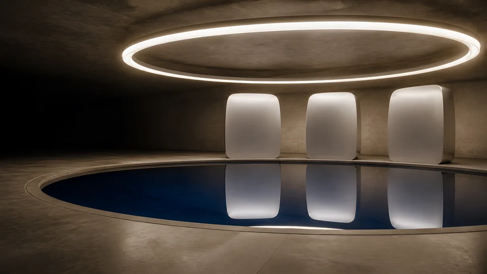 Three silver archive stones stand beyond a cobalt pool under one continuous ring of warm light.