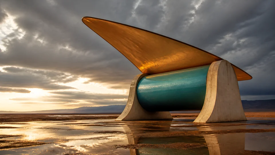 A turquoise atmospheric drum and amber intake fin meet the desert at the instant a storm clears.