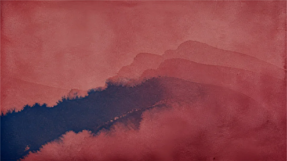 A dusty madder field carries one indigo contact band and three restrained registration ghosts.