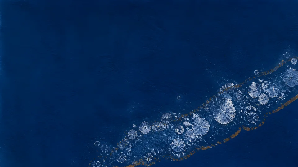 Salt-crust blooms and a fine ochre trace drift across an open cobalt contact field.