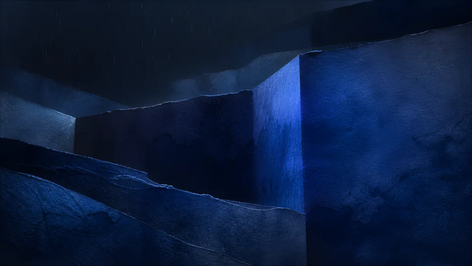 Hand-dyed indigo planes fold through a deep blue rain haze without losing their paper tooth.