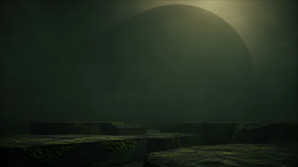 A soft eclipse shadow passes over low moss-dark stone and a nearly empty green atmosphere.