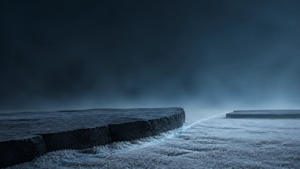 Low basalt ledges hold a blue-white frost seam beneath an immense field of storm-dark air.