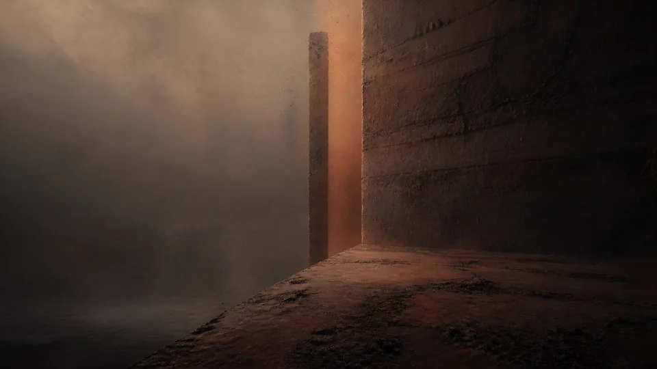 An umber earth wall and narrow pillar trap one ember-lit interval in drifting ash.