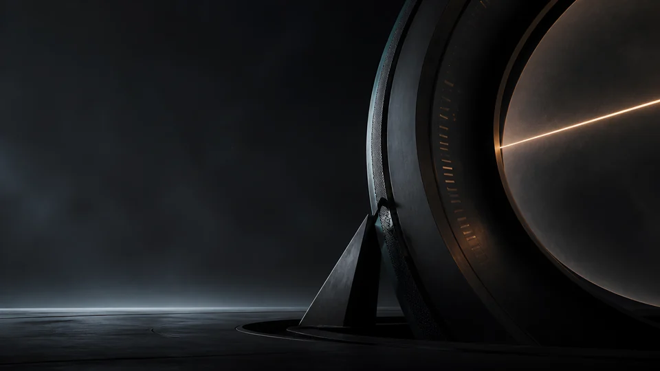 A floor-mounted meridian calibrator turns concentric black steel and one warm beam into a horizon-scale monument.