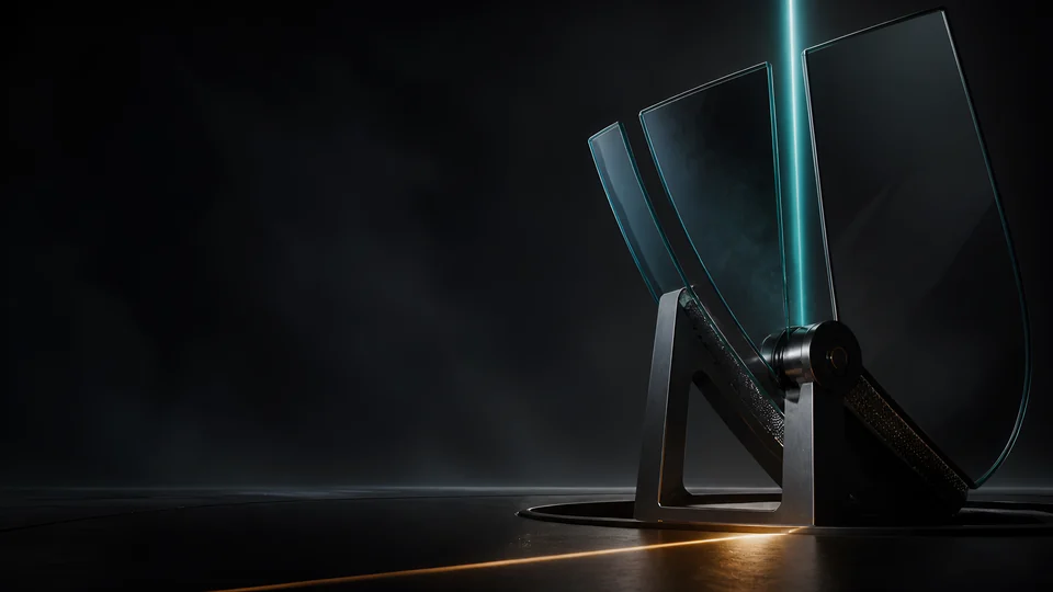 A smoked-glass heliostat bends cool measurement light through a massive, nearly weightless optical plate.