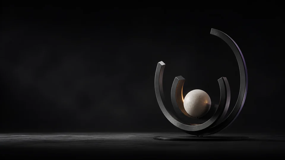 Incomplete gimbal arcs suspend a dense inertial sphere inside a field of blue-black stillness.
