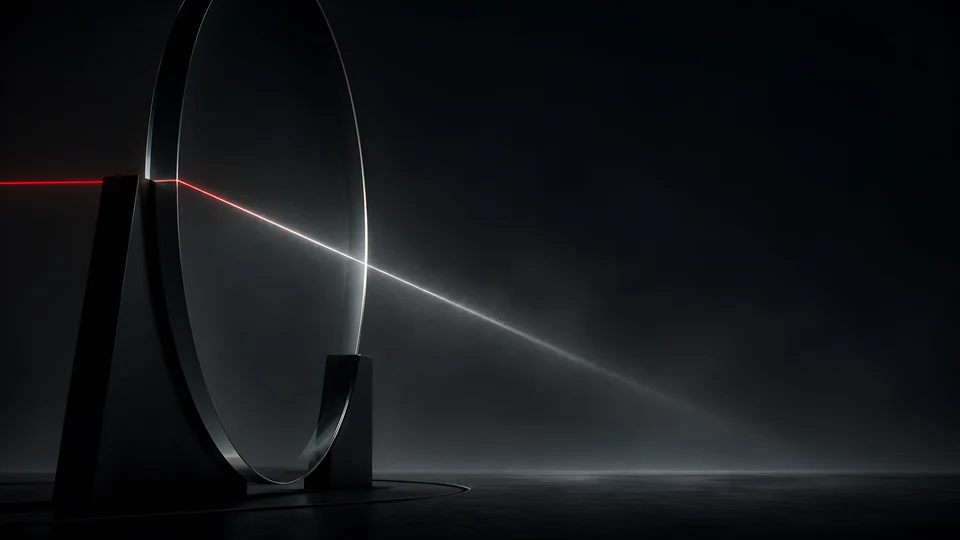 One hairline signal folds through a thick smoked prism and exits as a warm-white seam.
