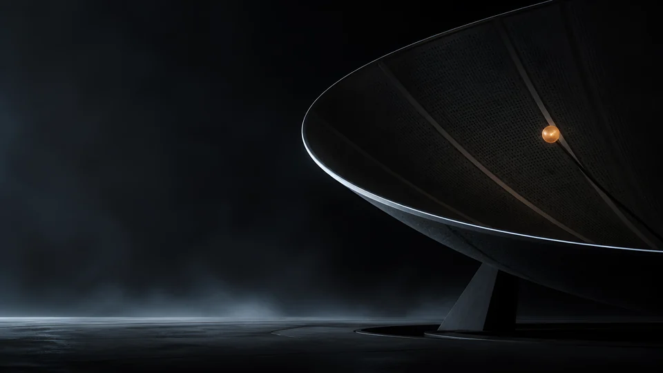 An edge-on listening dish rises from its azimuth bearing under a single cold rim and amber alignment point.