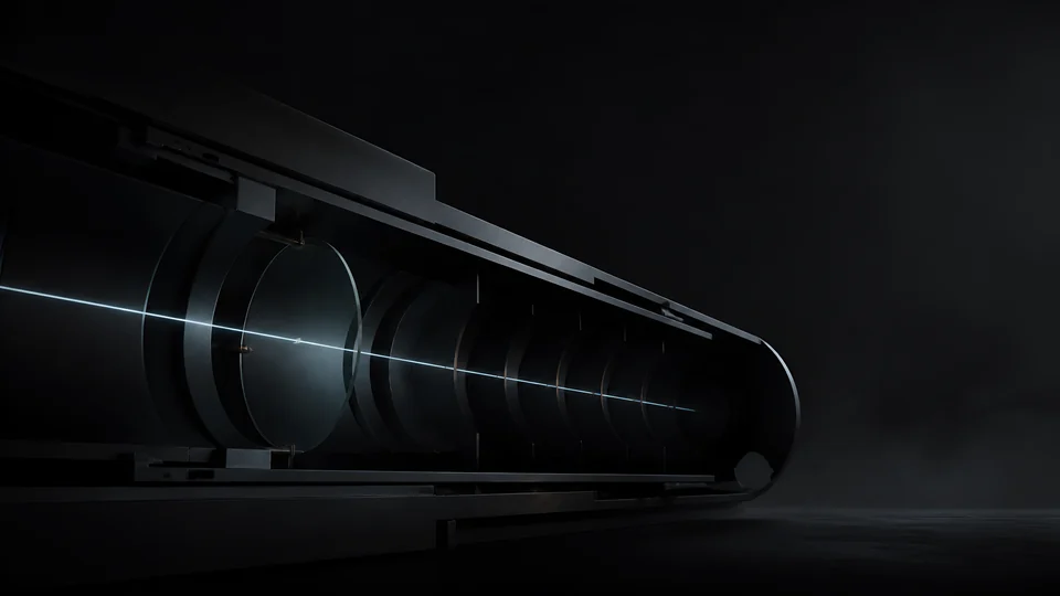 Nested optical baffles emerge from darkness as an architectural barrel trained on an empty chamber.