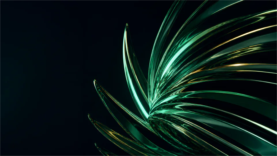Emerald optical-resin lamellae and restrained brass reflections open into a deep, desktop-safe void.