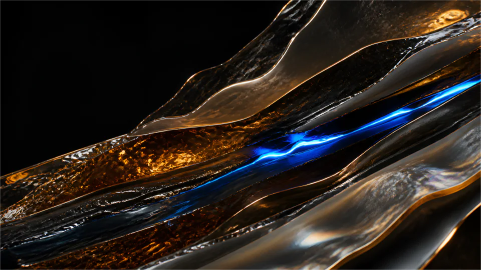 Amber and black chrome hold a single ultramarine energy seam under layered mineral pressure.