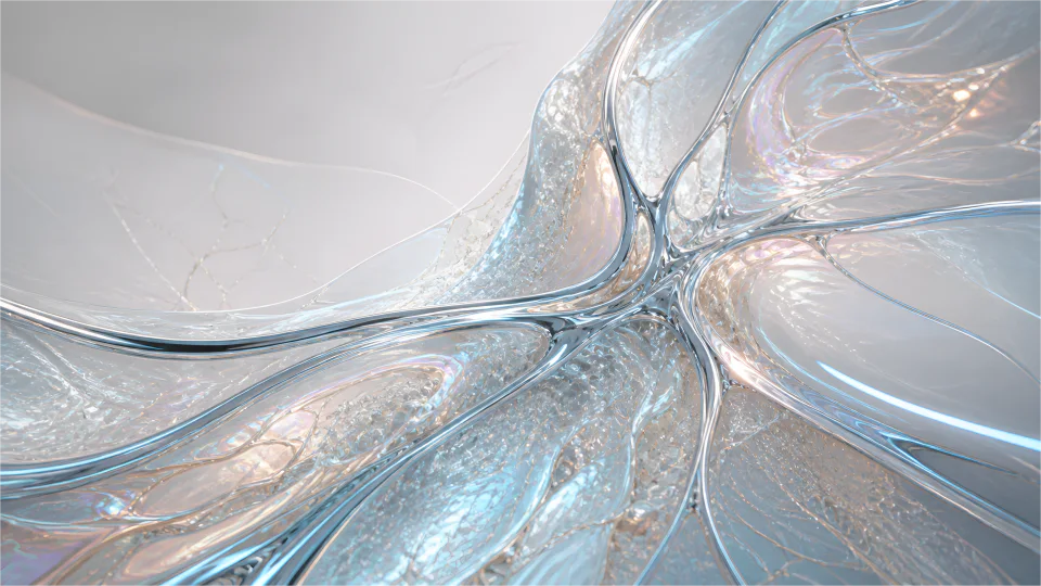 Silver ribs, nacreous resin, and ice-blue capillaries form an intricate high-key field.