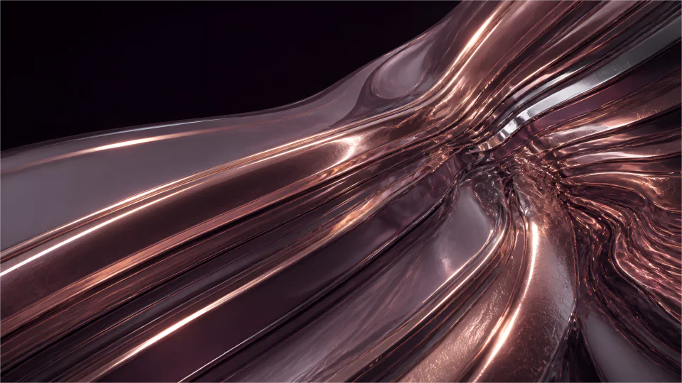 Smoky-plum glass terraces are laminated with rose-gold liquid-metal faults.