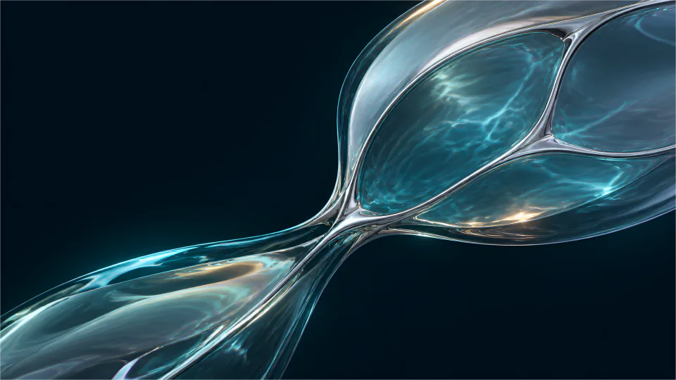 Teal optical cells meet polished silver bridges and controlled champagne caustics.