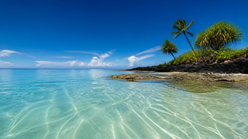 An ankle-deep coral shelf turns late-morning tropical light into razor-clear refraction beneath a low cobalt horizon.