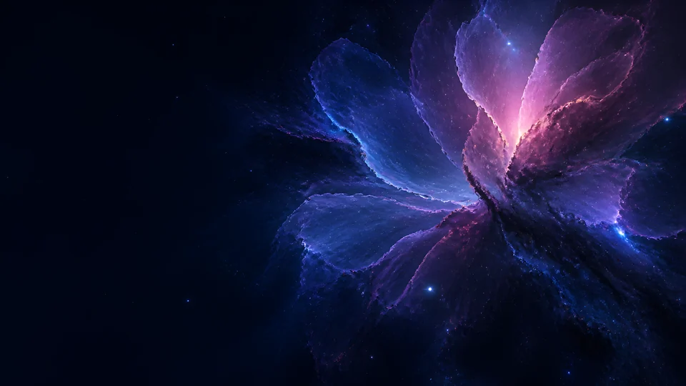 Ultraviolet astronomical dust opens like a nocturnal flower against a calm field of deep-space blue.