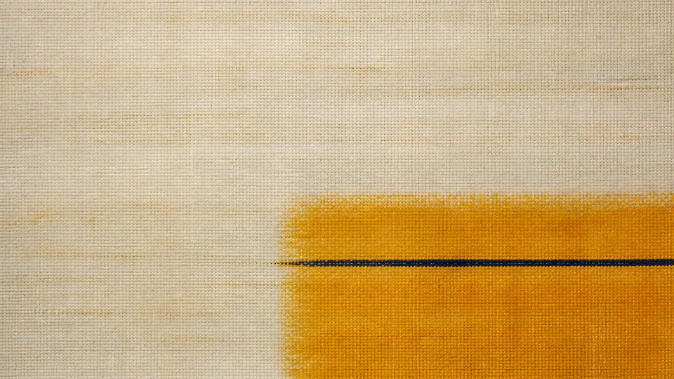 A taut indigo line divides one saturated saffron interval from an open field of bone warp.