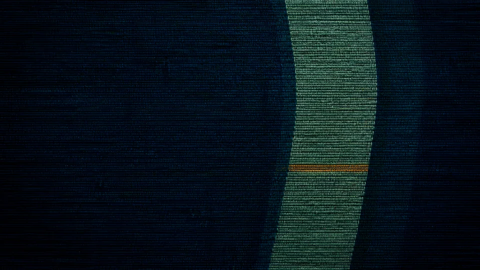 A pale jade resist column lifts through petrol warp beneath one fine copper crossing.