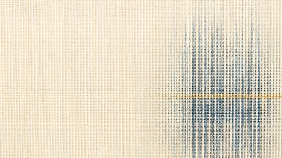 A ghosted indigo interval lingers across luminous bone warp with one weightless saffron trace.