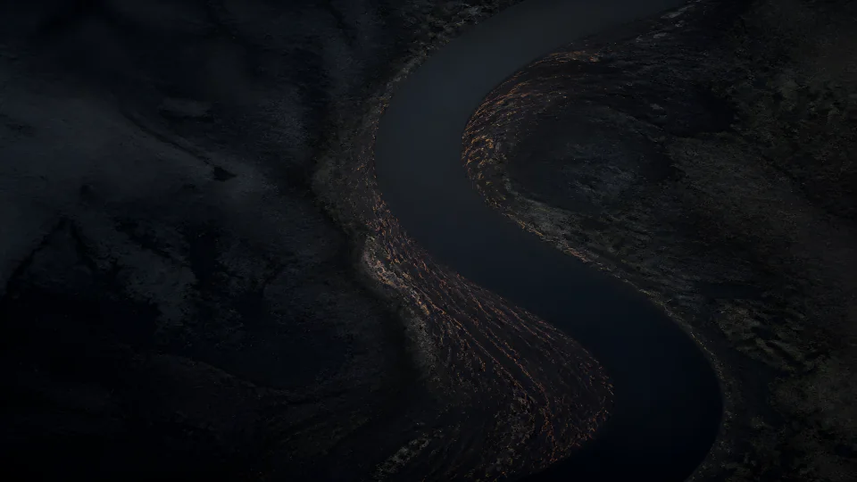 A matte blackwater bend carries sparse copper sediment through a near-nocturnal peat field.